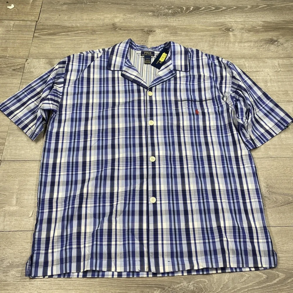 Polo Ralph‎ Lauren Pajama Shirt Men's XL Blue Plaid Cotton Sleepwear NWT